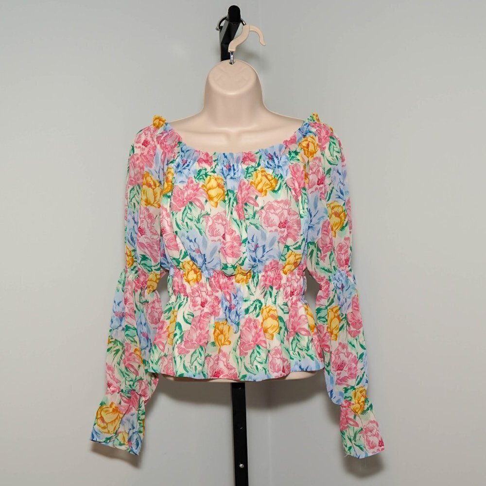 WAYF Off The Shoulder Cropped Blouse In Ivory Tulips - Size Large